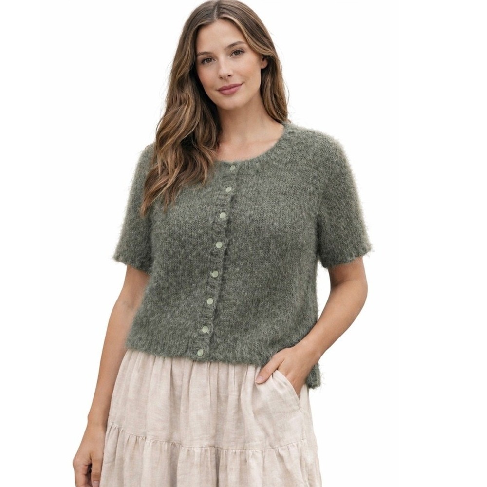 Cardigan Woman's Large Mohair Wool Green Button Up Short Sleeve Boho Indie Soft